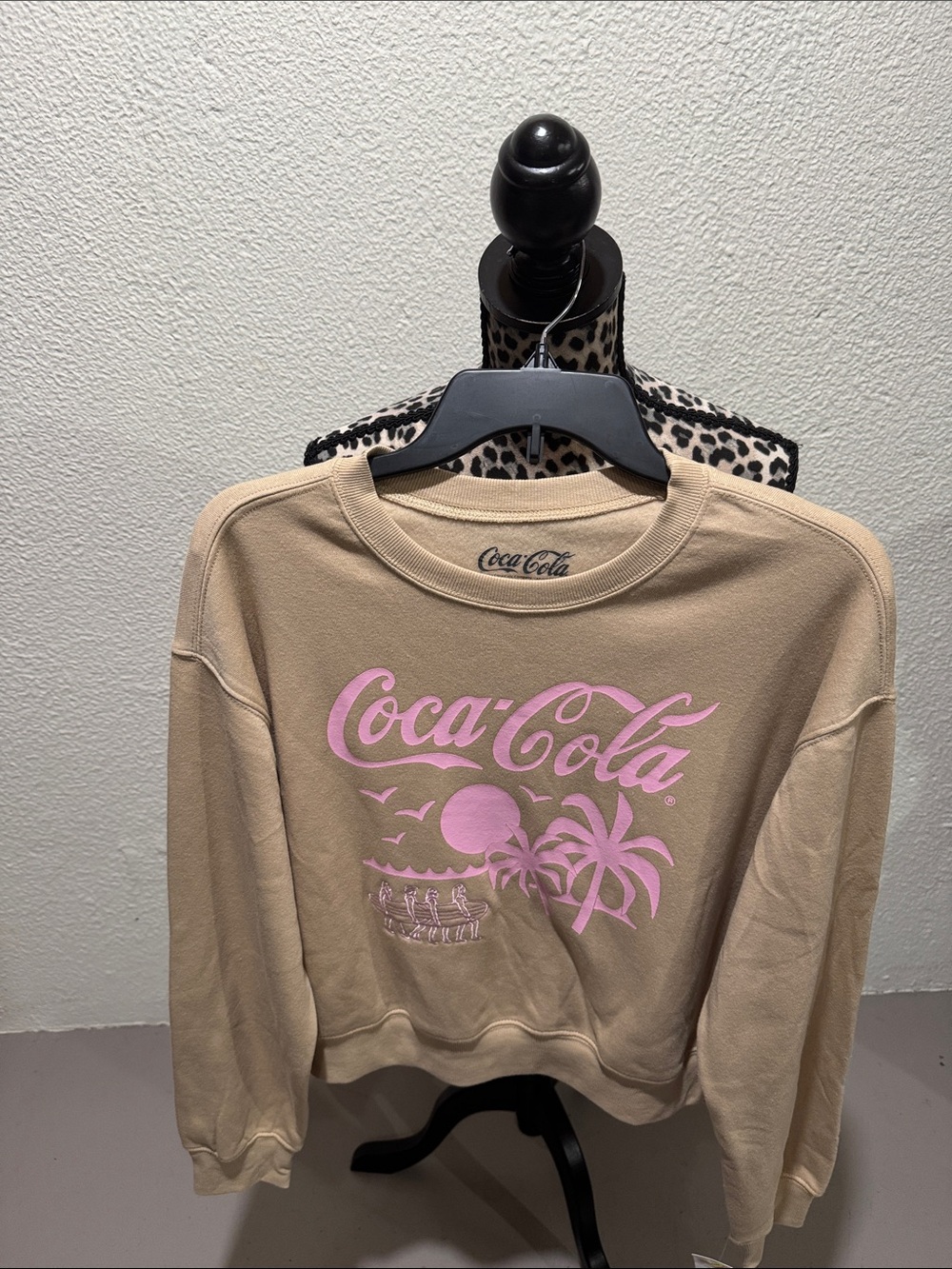 Coca Cola Beige Cropped Crewneck Sweatshirt with Pink Logo